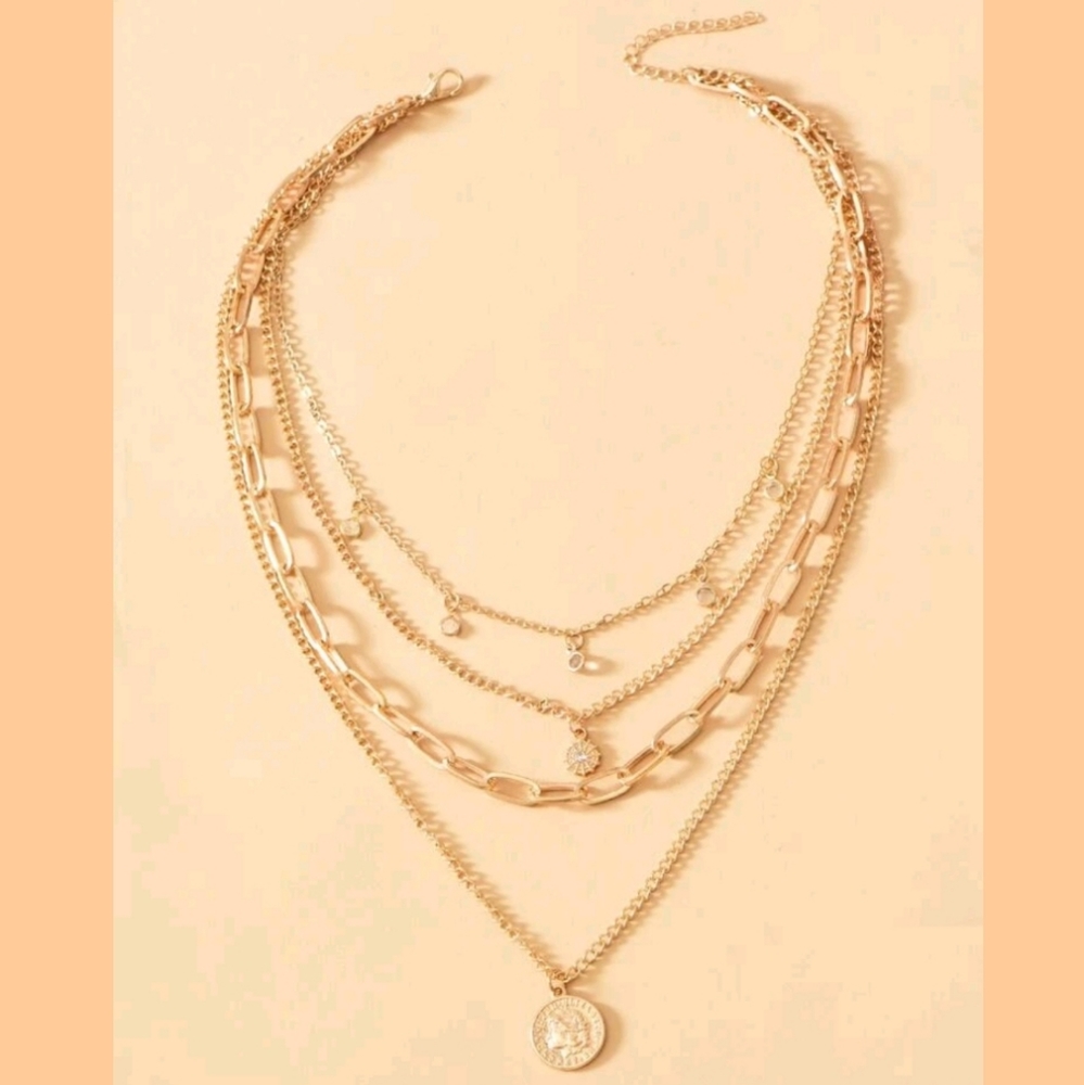 💖 2/$30 Chunky layered necklaces Gold coin pendant Boho multi chain link stars - Picture 3 of 8